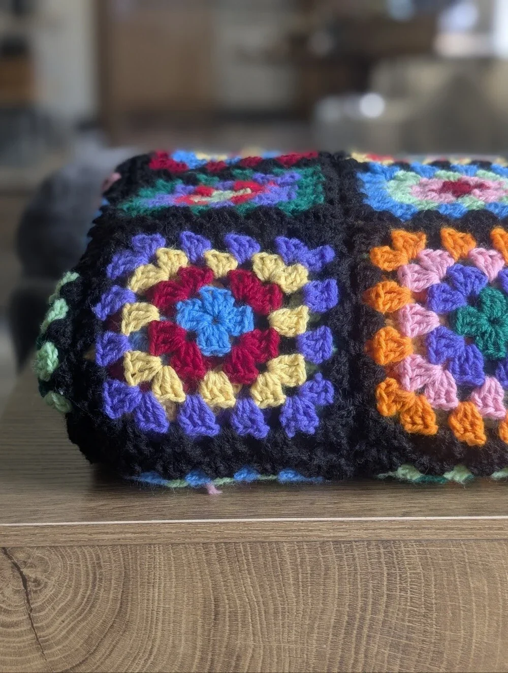 Vintage Granny Square Crochet Throw Blanket Black Multicolor Retro Boho 52 x 66